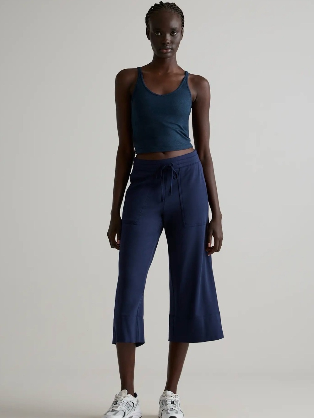Quince SuperSoft Fleece Cropped Wide Leg Pants Size Large Navy Pockets